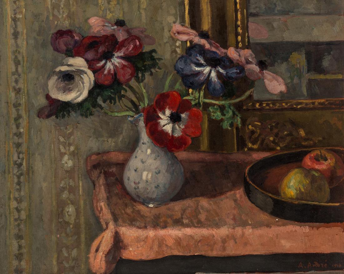 ALBERT ANDRE (FRENCH 1869-1954): ALBERT ANDRE (FRENCH 1869-1954) Nature morte: Vase de fleurs et fruits sur une table, 1910 oil on canvas 46.5 x 55.5 cm (18 1/8 x 21 5/8 in.) signed and dated A. Andre 1910 lower right PROVENANCE Made