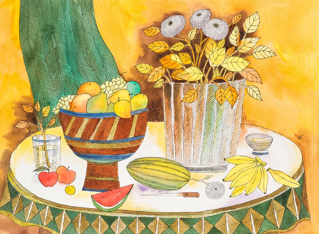 BADRI NARAYAN (INDIAN 1929-2013): BADRI NARAYAN (INDIAN 1929-2013) Still Life with Fruits and Flowers, 2008 watercolor and ink on paper 56 x 76 cm (22 x 29 7/8 in.) signed in Devanagari center right, signed and dated on verso EXPERTIS