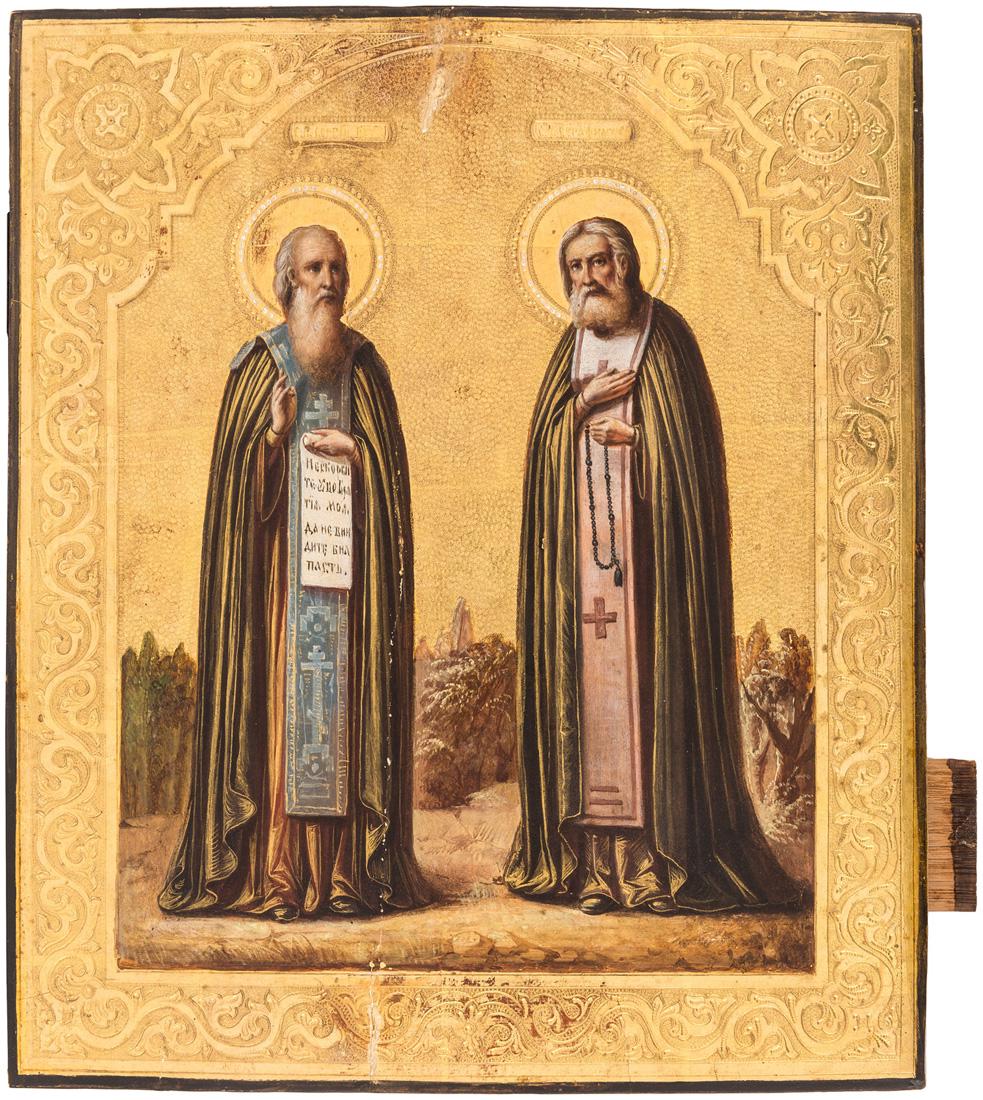A RUSSIAN ICON OF SAINTS SERGIUS OF RADONEZH AND (1 of 2)