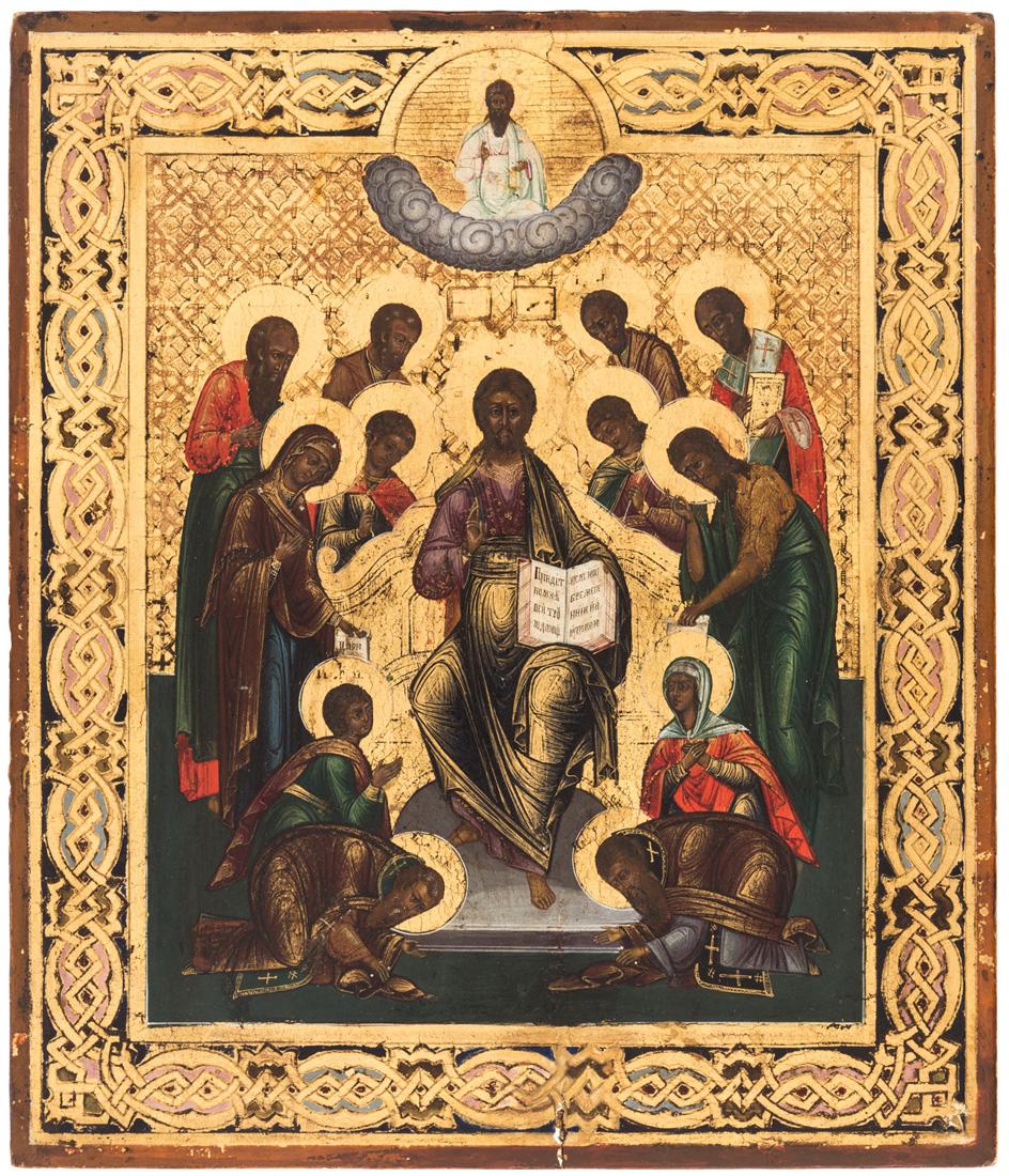 A RUSSIAN ICON OF CHRIST ENTHRONED WITH SELECT SAINTS, (1 of 2)
