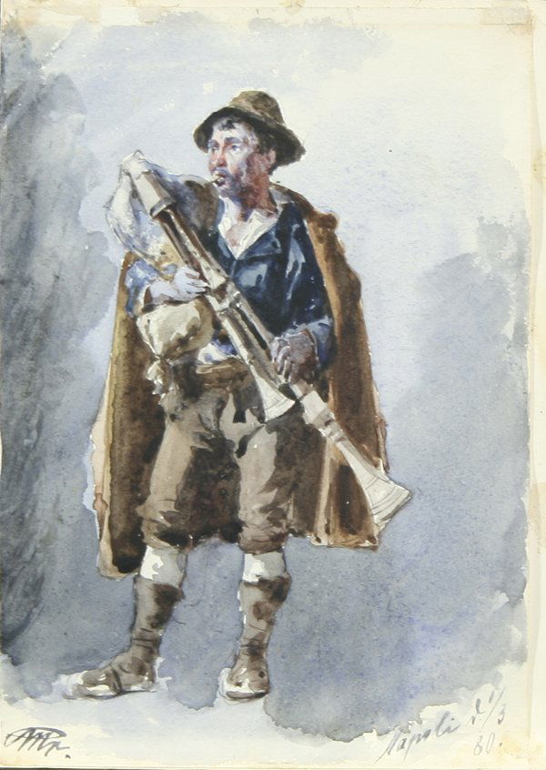 ITALIAN Antique Watercolor Painting Musician 1880: ITALIAN 19TH CENTURY, "Gentleman Playing an Instrument", 1880, watercolor, 10 x 6 7/8 in (25.4 x 17.5 cm), monogrammed lower left, dated lower right March 1, 1880 ---------- Please note: 1) Ebay allow
