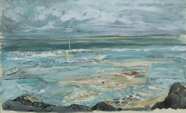 BERTRAM GOODMAN B1904 Watercolor Painting: BERTRAM GOODMAN (AMERICAN 1904-1988), "Beach Scene", watercolor and gouache, 18.5 x 30 in (47 x 76.2 cm), signed lower right ---------- Please note: 1) Ebay allows you to bid live in real time on this
