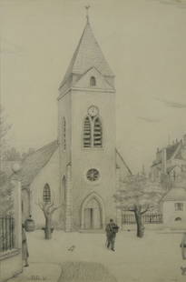 RENE RIMBERT B1896 French Drawing Village Postman: RENE RIMBERT (FRENCH 1896-1991), "Village Scene with Postman," 1951, graphite, 13 1/2 x 9 in. (34.3 x 22.9 cm.), signed lower left ---------- Please note: 1) Ebay allows you to bid live in real time o