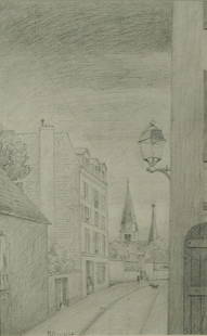RENE RIMBERT B1896 French Drawing Village People: RENE RIMBERT (FRENCH 1896-1991), "Village Scene with People," graphite, 9 x 5 3/4 in. (22.9 x 14.6 cm.), signed lower left ---------- Please note: 1) Ebay allows you to bid live in real time on this i