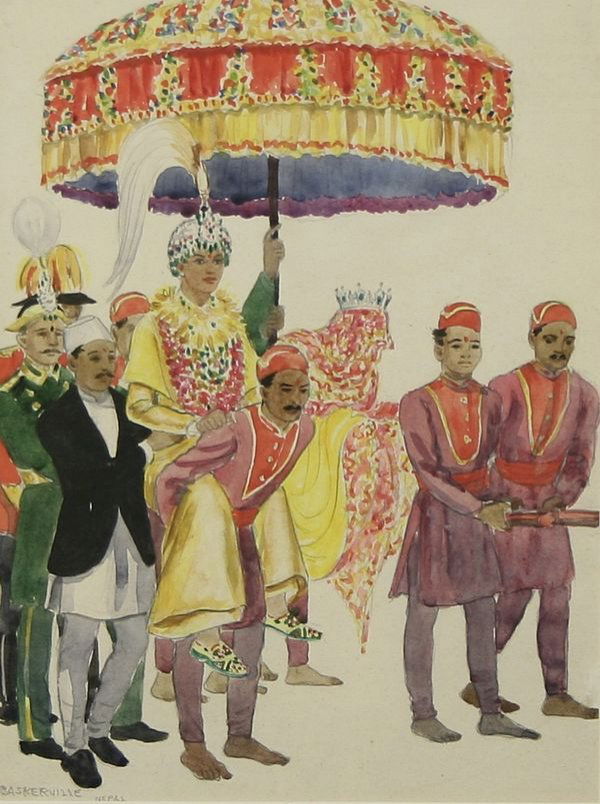 CHARLES BASKERVILLE B1896 Watercolor Painting: CHARLES BASKERVILLE (AMERICAN 1896-1994), "Napales Bride and Groom Around the Courtyard of the Palace in Katmandu", watercolor and gouache, 11 1/4 x 8 1/4 in., (28.6 x 21 cm.), signed lower left, titl