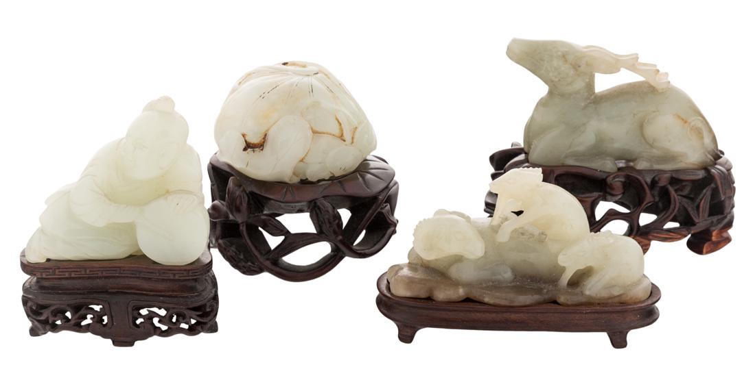FOUR CHINESE WHITE JADE FIGURES ON STANDS (LATE QING (1 of 6)