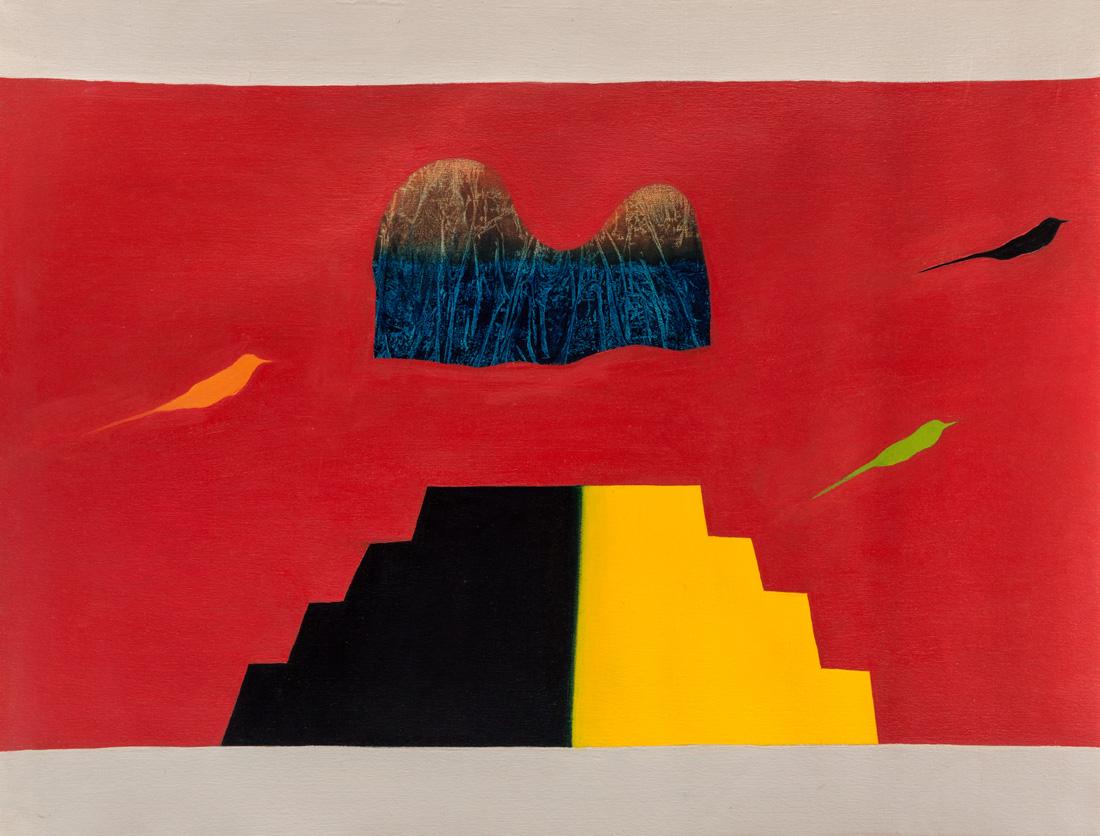 JAGDISH SWAMINATHAN (INDIAN 1928-1994): JAGDISH SWAMINATHAN (INDIAN 1928-1994) Untitled (Bird, Tree and Mountain), 1982 oil on canvas 81.3 x 101.8 cm (32 x 44 in.) signed in Devanagari and dated 82 on verso PROVENANCE Acquired by the fathe