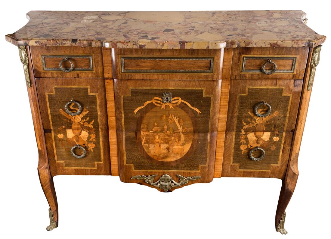 A 19TH CENTURY FRENCH MARQUETRY COMMODE WITH MARBLE TOP (1 of 3)