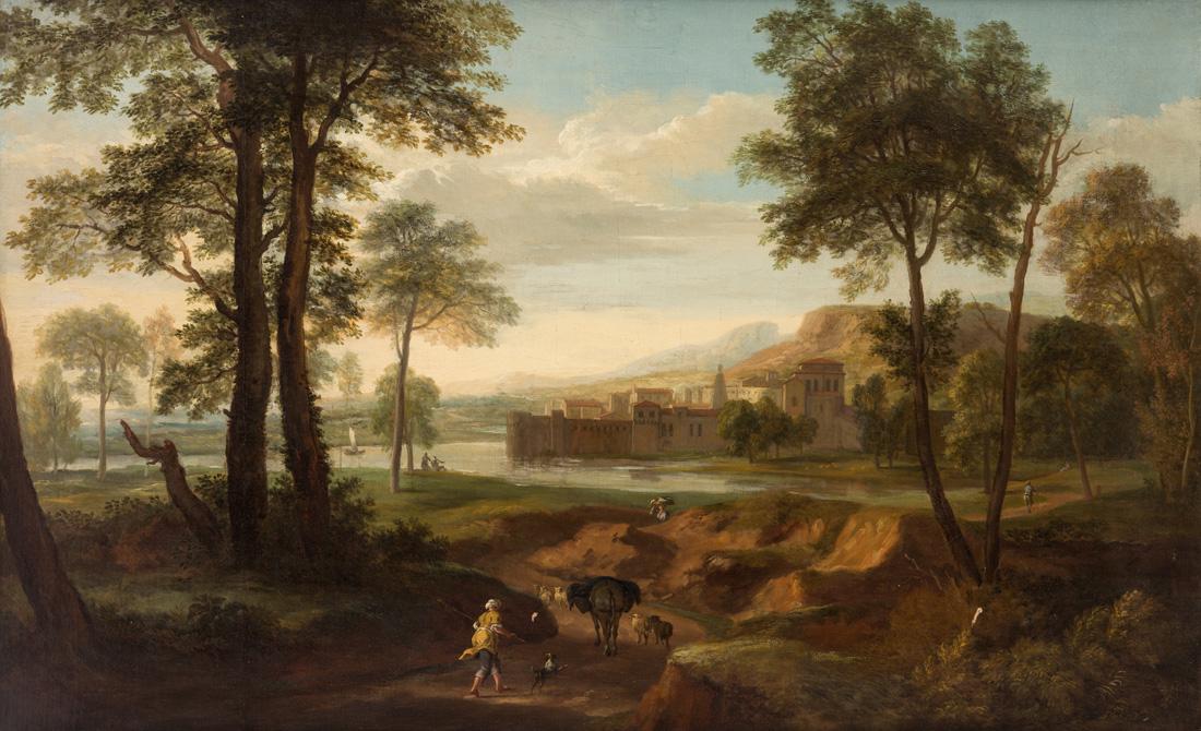 FOLLOWER OF FRANCESCO ZUCCARELLI (ITALIAN 1702-1788): FOLLOWER OF FRANCESCO ZUCCARELLI (ITALIAN 1702-1788) Pastoral Landscape, oil on canvas 60 x 96 cm (23 5/8 x 37 7/8 in.) PROVENANCE Ehrich-Newhouse Paintings, Madison Ave, New York (old label affixed o