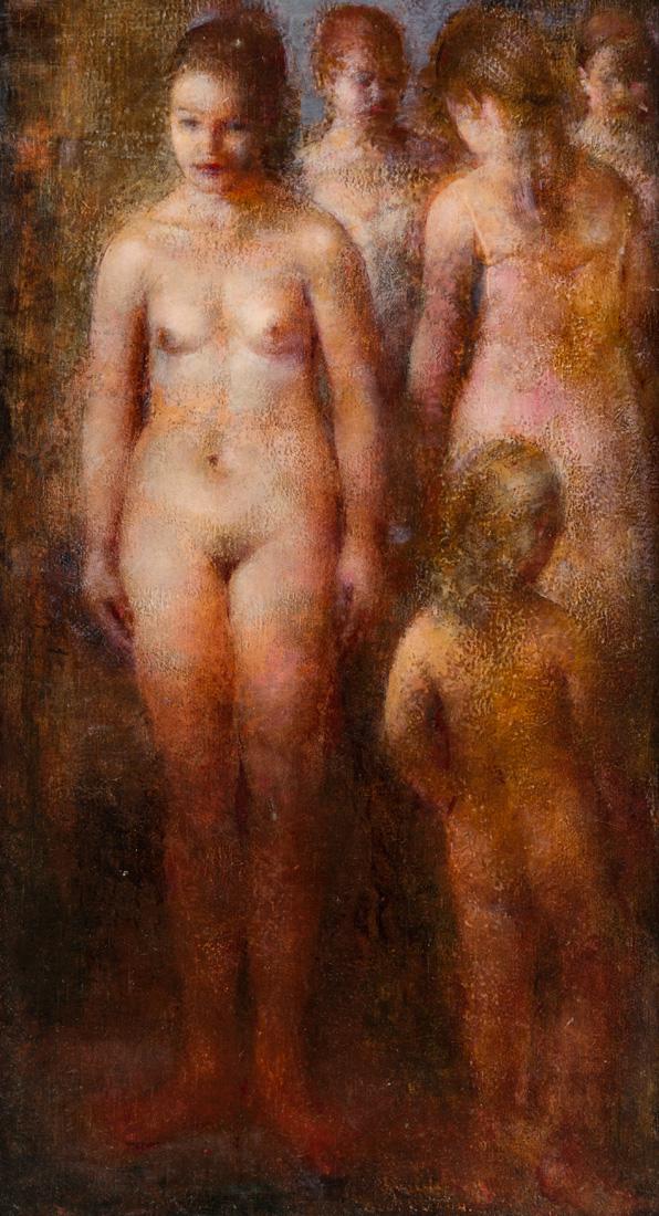 GRIGORY GLUCKMANN (RUSSIAN 1898-1973): GRIGORY GLUCKMANN (RUSSIAN 1898-1973) Young Women and Child, oil on panel 46 x 26.7 cm (18 1/8 x 10 1/2 in.) signed lower center PROVENANCE Papillon Gallery, Los Angeles (label on verso); Dalzell Hatf