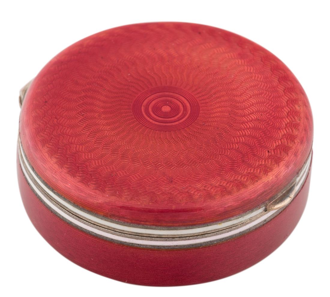 A RUSSIAN SILVER-GILT AND GUILLOCHE ENAMEL PILL BOX, (1 of 3)