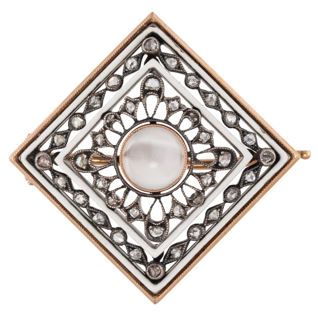 A FABERGE GOLD, DIAMONDS AND MOONSTONE BROOCH, (1 of 2)