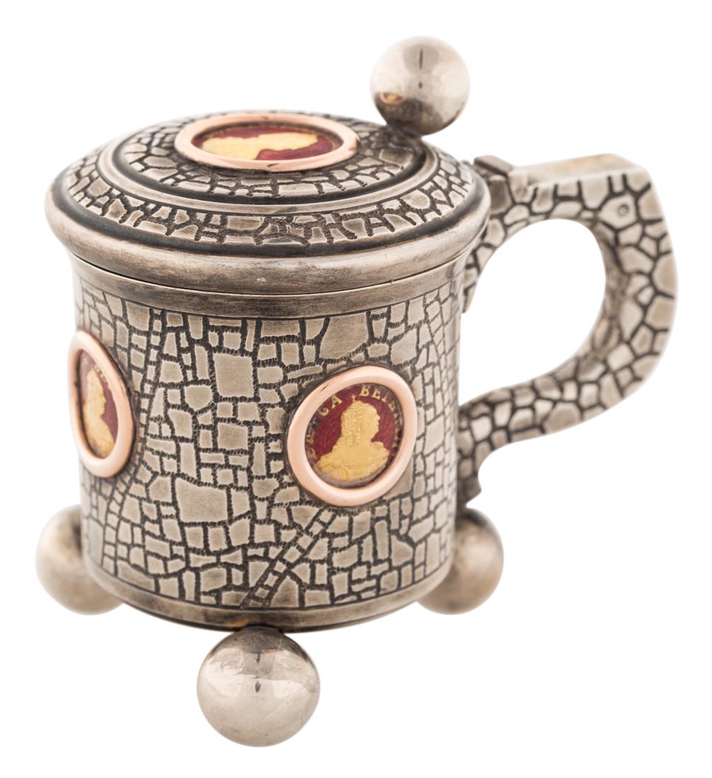 A FABERGE SILVER, GOLD AND ENAMEL TANKARD, MICHAEL (1 of 6)