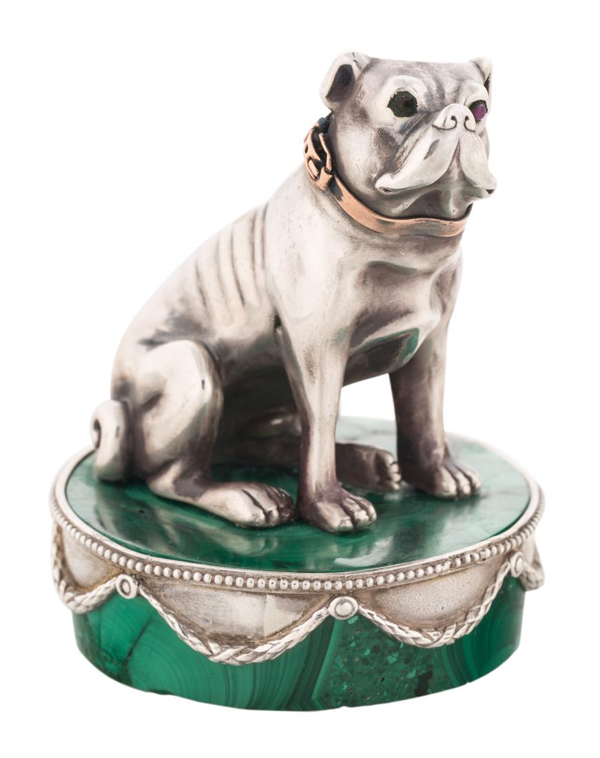A FABERGE SILVER DOG ON A SILVER AND MALACHITE STAND, (1 of 4)