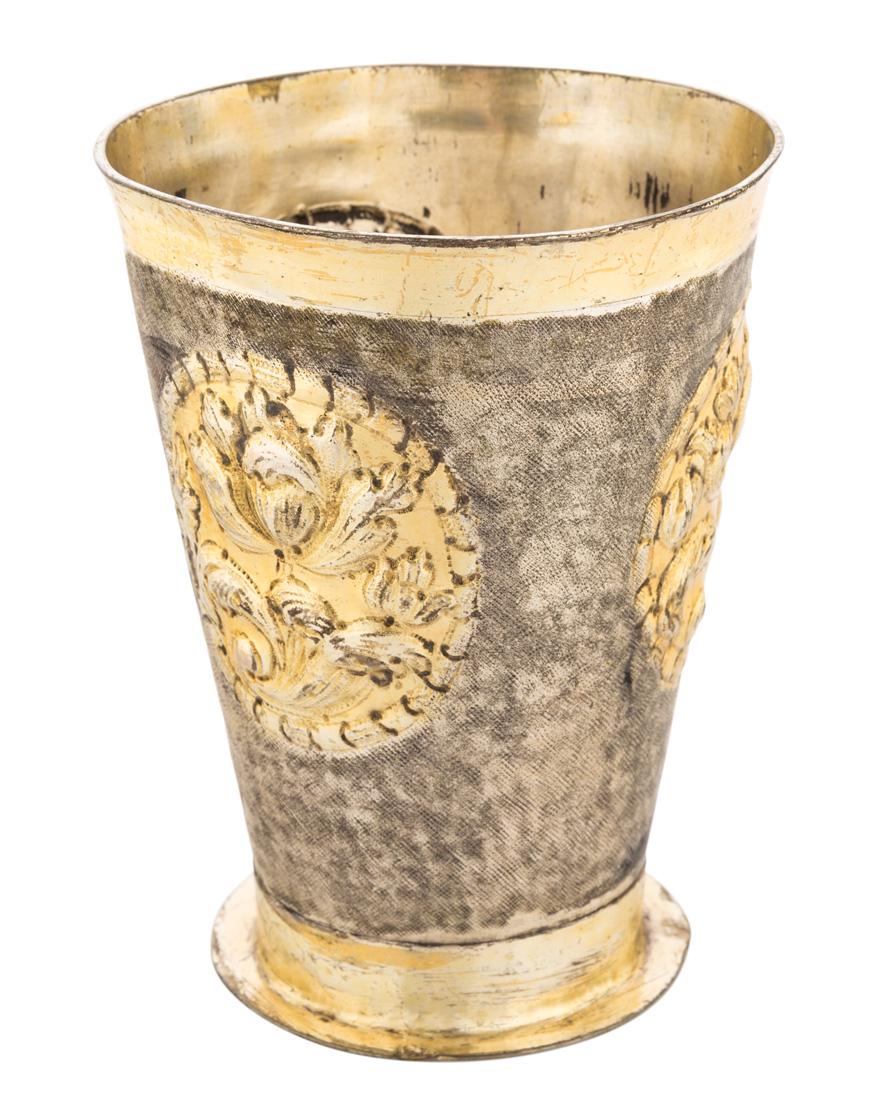 A RUSSIAN SILVER-GILT BEAKER REPOUSSE WITH FLOWERS, (1 of 3)