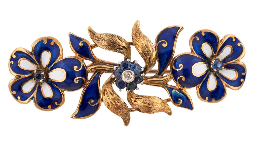 GOLD, ENAMEL, SAPPHIRE AND DIAMOND BROOCH, CIRCA 20TH (1 of 2)