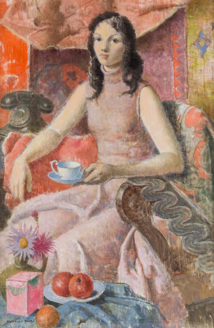 BELA KONTULY (HUNGARIAN 1904-1983): BELA KONTULY (HUNGARIAN 1904-1983) Young Woman at Tea, oil on board 97 x 67 cm (38 1/4 x 26 3/8) signed lower left This lot is being sold without reserve.