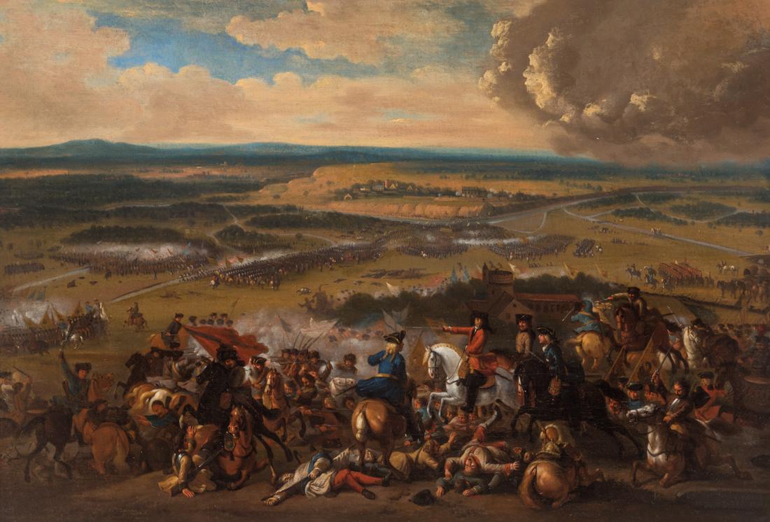 CIRCLE OF ADAM FRANS VAN DER MEULEN (FLEMISH 1632-1690): CIRCLE OF ADAM FRANS VAN DER MEULEN (FLEMISH 1632-1690) Battle of Speyerbach, 1703 oil on canvas 46 x 66 cm (18 1/8 x 26 in.) inscribed BATALYE PRES CASSANO DI 18 AUGUSTO 1703 lower left PROVENANCE So