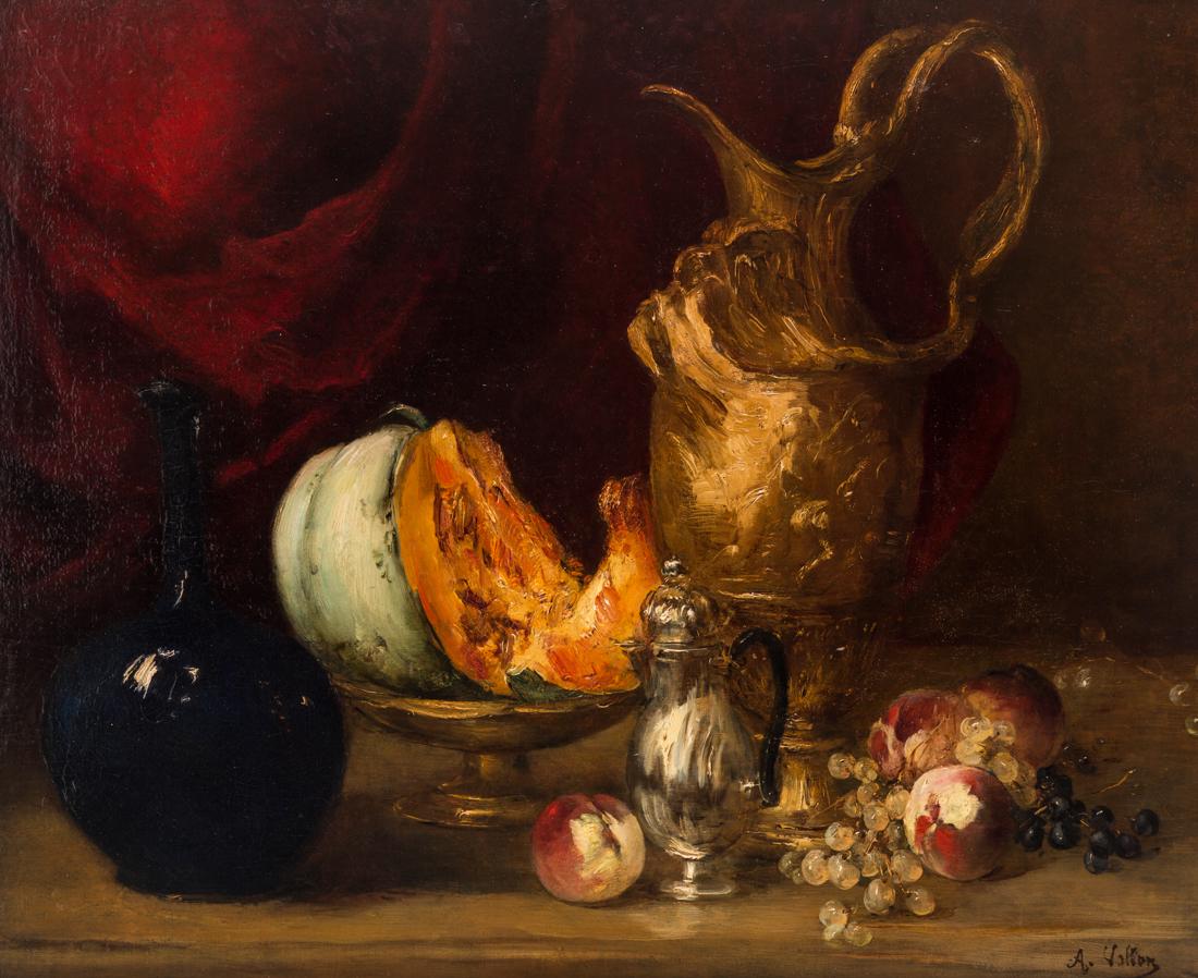 ANTOINE VOLLON (FRENCH 1833-1900): ANTOINE VOLLON (FRENCH 1833-1900) Still Life of Fruit and Vessels before a Draped Curtain, oil on canvas 66 x 82.2 cm (26 x 32 3/8 in.) signed lower right PROVENANCE Douwes, London, 1981 Christie's, N