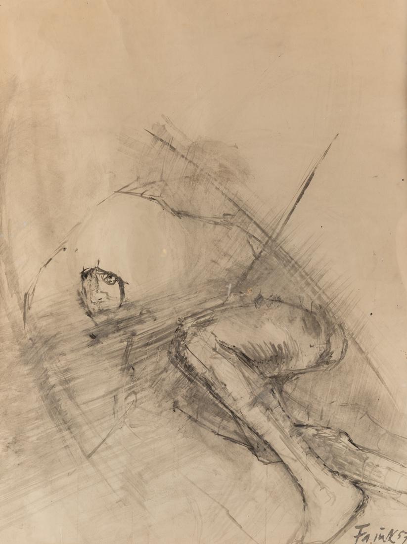 ELISABETH FRINK (BRITISH 1930-1993): ELISABETH FRINK (BRITISH 1930-1993) Drawing #2, 1957 ink wash 71 x 53.5 cm (28 x 21 in.) [sight] signed and dated lower right PROVENANCE Bertha Schaefer Gallery, NY (label on verso) Acquired from the