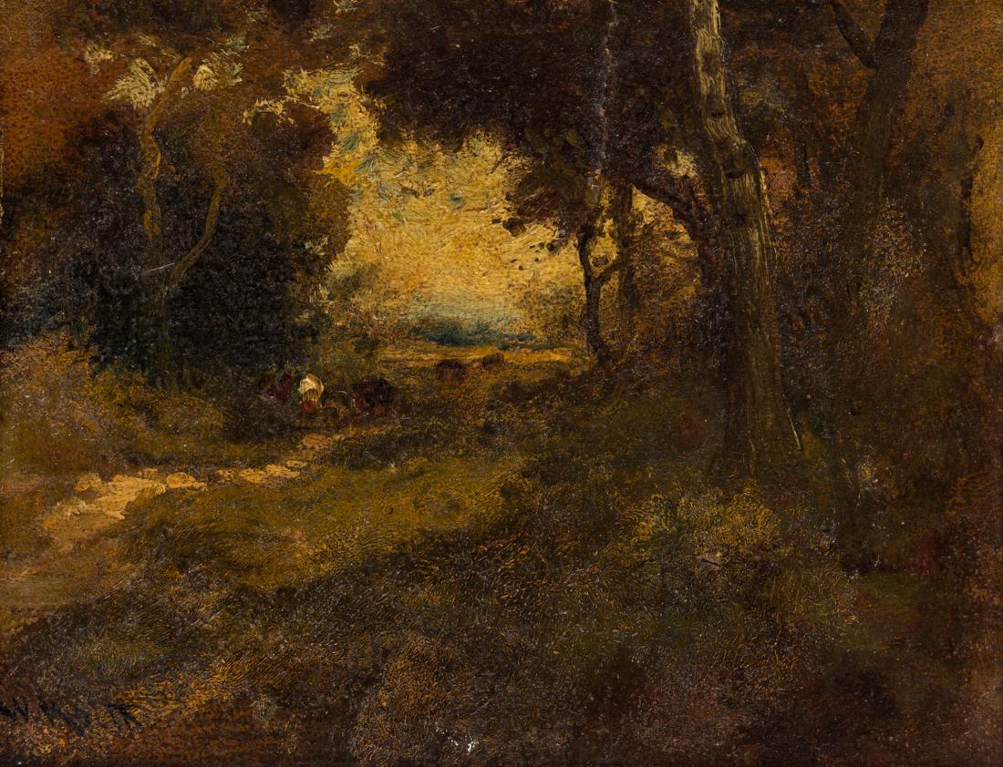 WILLIAM KEITH (SCOTTISH-AMERICAN 1838-1911): WILLIAM KEITH (SCOTTISH-AMERICAN 1838-1911) Path Through California Woodlands, oil on board 17.8 x 22.9 cm (7 x 9 in.) signed lower left