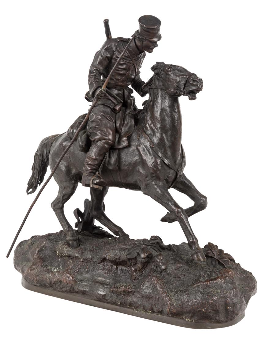 VASILY YAKOVLEVICH GRACHEV (RUSSIAN 1831-1905): VASILY YAKOVLEVICH GRACHEV (RUSSIAN 1831-1905) Cavalry Soldier on a Horse, 1877 bronze with medium brown patina height including base: 30 cm (11 3/4 in.) signed in Cyrillic, dated,St. Petersburg Woerf