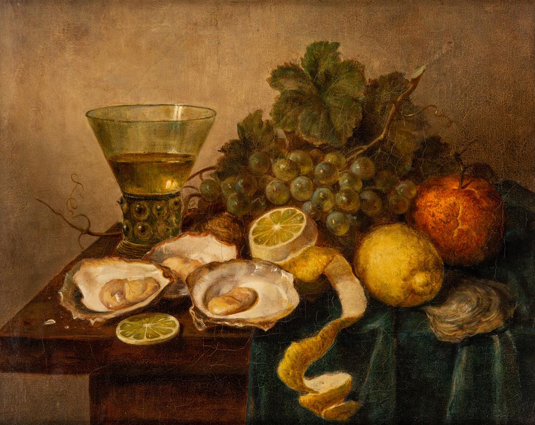 EUROPEAN 18TH CENTURY ARTIST IN THE STYLE OF WILLEM: EUROPEAN 18TH CENTURY ARTIST IN THE STYLE OF WILLEM CLAES. HEDA (DUTCH 1594-1680) Still Life with Oysters, Rummer, and Lemons, oil on canvas 33.5 x 41.5 cm (13 1/4 x 16 3/8 in.)