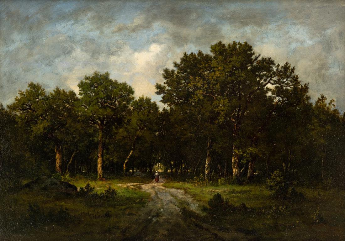 LEON RICHET (FRENCH 1847-1907): LEON RICHET (FRENCH 1847-1907) Boisiere dans la Clairiere de Barbizon, oil on panel 40.9 x 56.5 cm (16 1/8 x 22 1/4 in.) signed lower right LOT NOTES The work of Leon Richet was greatly influenced by