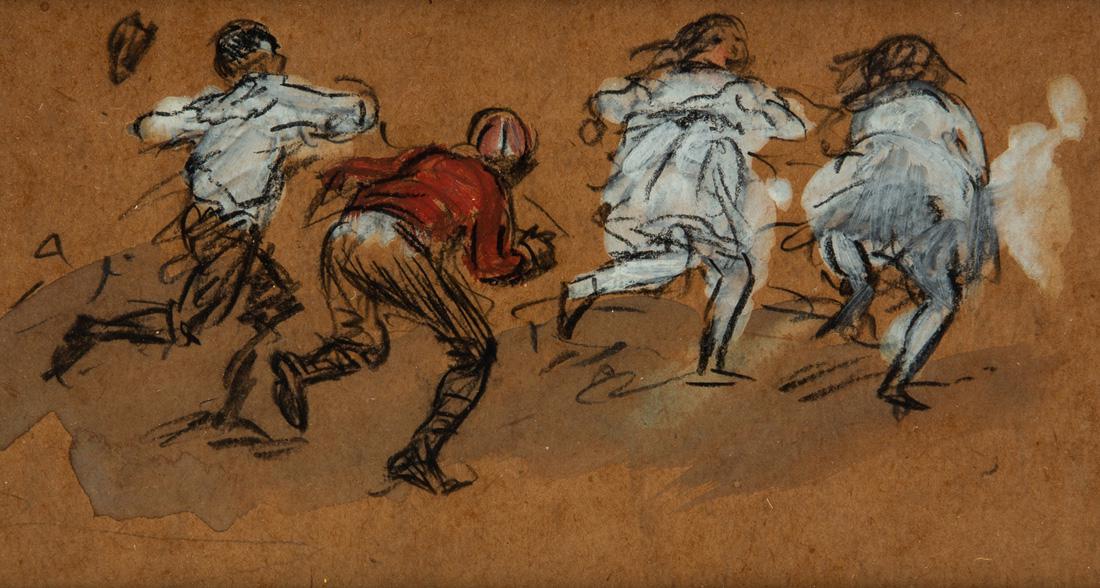 WILLIAM GLACKENS (AMERICAN 1870-1938): WILLIAM GLACKENS (AMERICAN 1870-1938) Gang of Boys, pastel and crayon on color paper 9 x 16.5 cm (3 1/2 x 6 3/8 in.) [sight] PROVENANCE The Cass Canfield Collection at the F.A.R. Gallery, New York (la