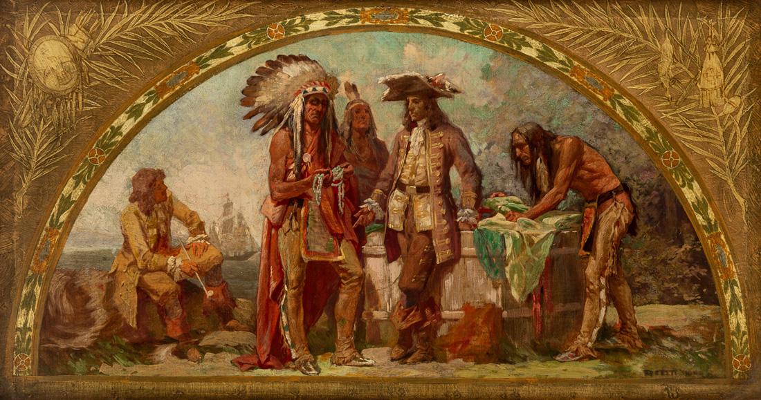 EVERETT SHINN (AMERICAN 1876-1953): EVERETT SHINN (AMERICAN 1876-1953) The Purchase of Manhattan, oil on canvas laid on panel 38 x 70 cm (15 x 27 1/2 in.) signed lower right