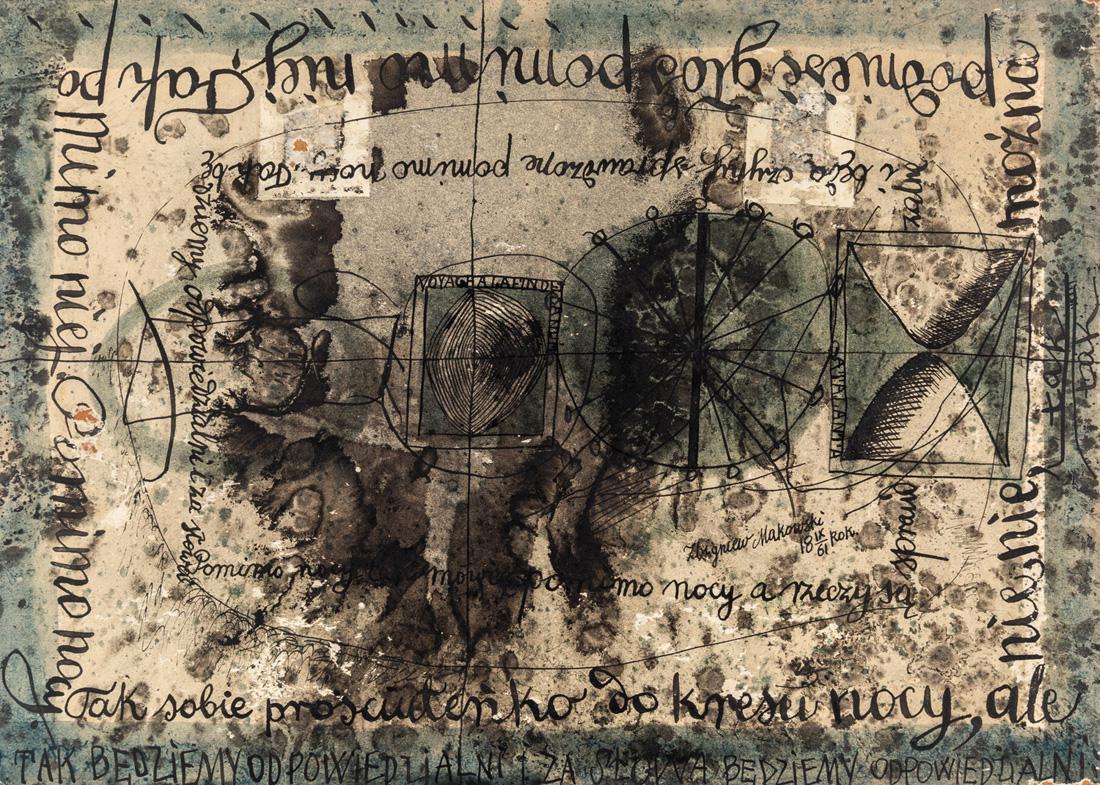ZBIGNEW MAKOWSKI (POLISH B. 1930): ZBIGNEW MAKOWSKI (POLISH B. 1930) Tak bedziemy odpowiedzialni, 1961 ink on board 29.8 x 41.6 cm (11 3/4 x 16 3/8 in.) signed and dated lower centre PROVENANCE Collection of Bernard Davis, Philadelphia