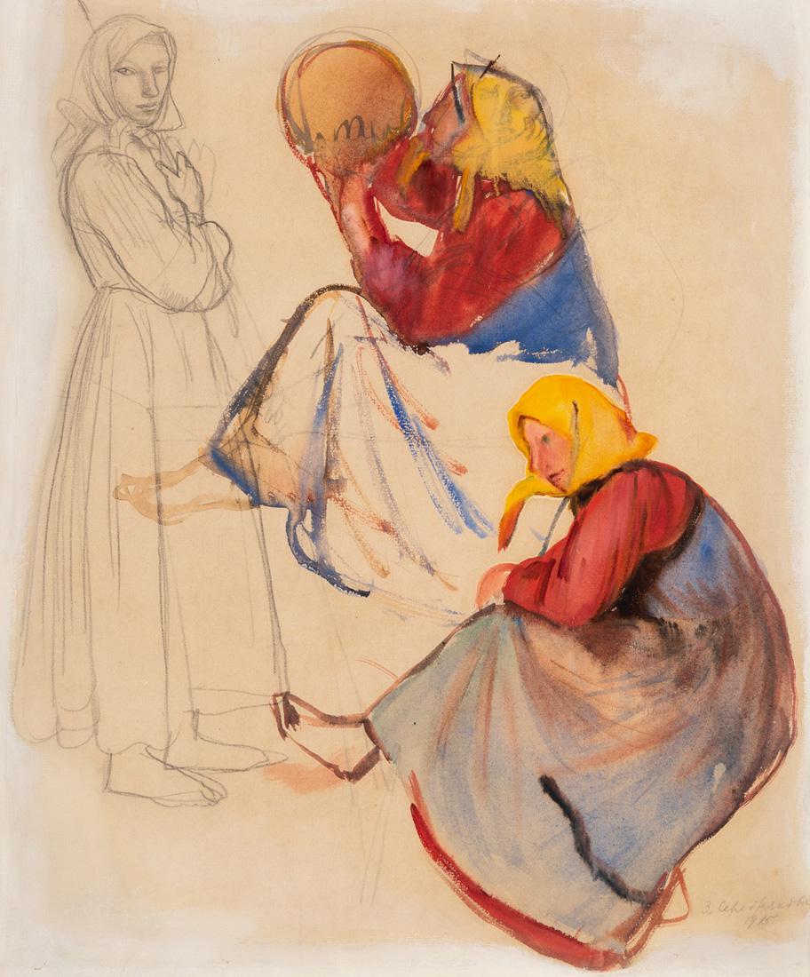 ZINAIDA YEVGENYEVNA SEREBRIAKOVA (RUSSIAN 1884-1967): ZINAIDA YEVGENYEVNA SEREBRIAKOVA (RUSSIAN 1884-1967) Three Studies of a Woman, 1915 watercolor, gouache and pencil on paper 49.6 x 40.3 cm (19 1/2 x 15 7/8 in.) signed and dated lower right PROVENANCE