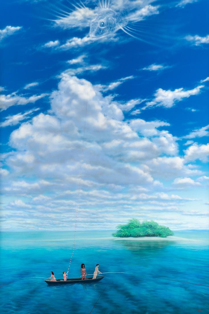 A PAINTING BY ALEXANDER ZAKHAROV (RUSSIAN B. 1960),: A PAINTING BY ALEXANDER ZAKHAROV (RUSSIAN B. 1960), SOLD TOGETHER WITH AN ETCHING comprising: a) Dream of Catching the Big Fish, 1999, acrylic on board, 151.5 x 105 cm (59 5/8 x 41 3/8 in.), monogramm