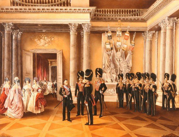 RUSSIAN ANTIQUE Imperial Porcelain Painting: Porcelain Plaque of an Officers' Ball, Imperial Porcelain Manufactory, Period of Nicholas I, dated 1838, finely painted. Based on an original work by Adolphe Ladurner. Signed lower right 'N. Sesliavin