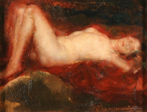 GRIGORY GLUCKMANN B1898 Russian Oil Painting Nude: GRIGORY GLUCKMANN (RUSSIAN 1898-1973), "Reclining Nude," 1931, oil on panel, 10 1/2 x 13 3/4 in. (27 x 35 cm.), signed and dated lower right, 'Grigory Gluckmann/ Paris/ 1931.' ---------- Please note: