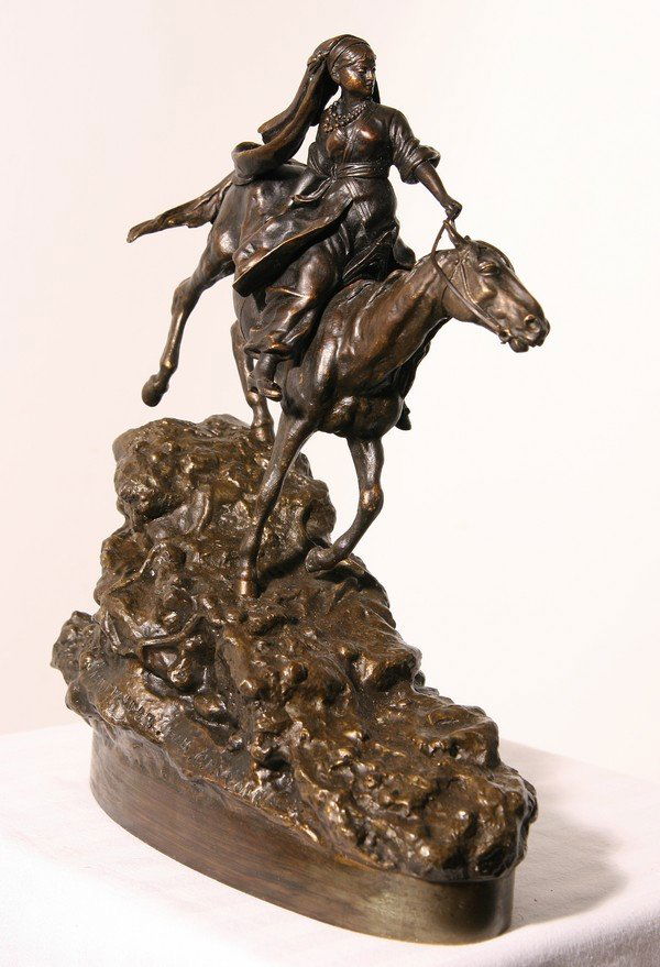 VASILY GRACHEV B1831 Russian Bronze Sculpture: VASILY YAKOVLEVICH GRACHEV (RUSSIAN 1831-1905), "Caucasian Woman on Horseback," bronze, height: 10 1/4 in. (26 cm.), signed and inscribed in the base, also inscribed with the Woerffel Foundry Mark. --