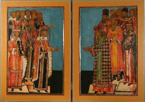 RUSSIAN ICON Antique 19th Century Diptych: 19TH CENTURY RUSSIAN ICON OF TWO PARTIES OF RELIGIOUS FIGURES, Diptych, tempera on wood, hinged together, complete size (both panels): 23 3/4 x 33 1/4 in. (60.3 x 84.5 cm.). ---------- Please note: 1)