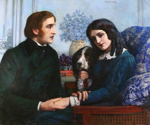 HERBERT SCHMALZ B1856 Victorian Painting Dog Flush: HERBERT GUSTAVE CARMICHAEL SCHMALZ (BRITISH 1856-1935), "Robert Browning visits Elizabeth Barrett at 50 Wimpole Street," oil on canvas, 33 1/8 x 41 1/8 in. (84 x 104.5 cm.), signed 'Herbert Carmichael