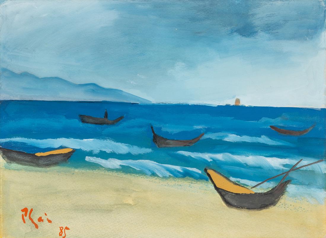 BUI XUAN PHAI (VIETNAMESE 1920-1988): BUI XUAN PHAI (VIETNAMESE 1920-1988) Boats on the Shore, 1985 gouache and watercolor on paper 35 x 48 cm (13 3/4 x 18 7/8 in.) signed and dated lower left