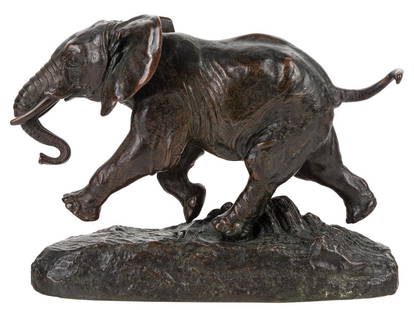 ANTOINE-LOUIS BARYE (FRENCH 1795-1875): ANTOINE-LOUIS BARYE (FRENCH 1795-1875) Elephant du Senegal (Senegalese Elephant) , conceived in 1874 bronze with medium-brown patina height including base: 14.5 cm (5 3/4 in.) signed and stamped twice