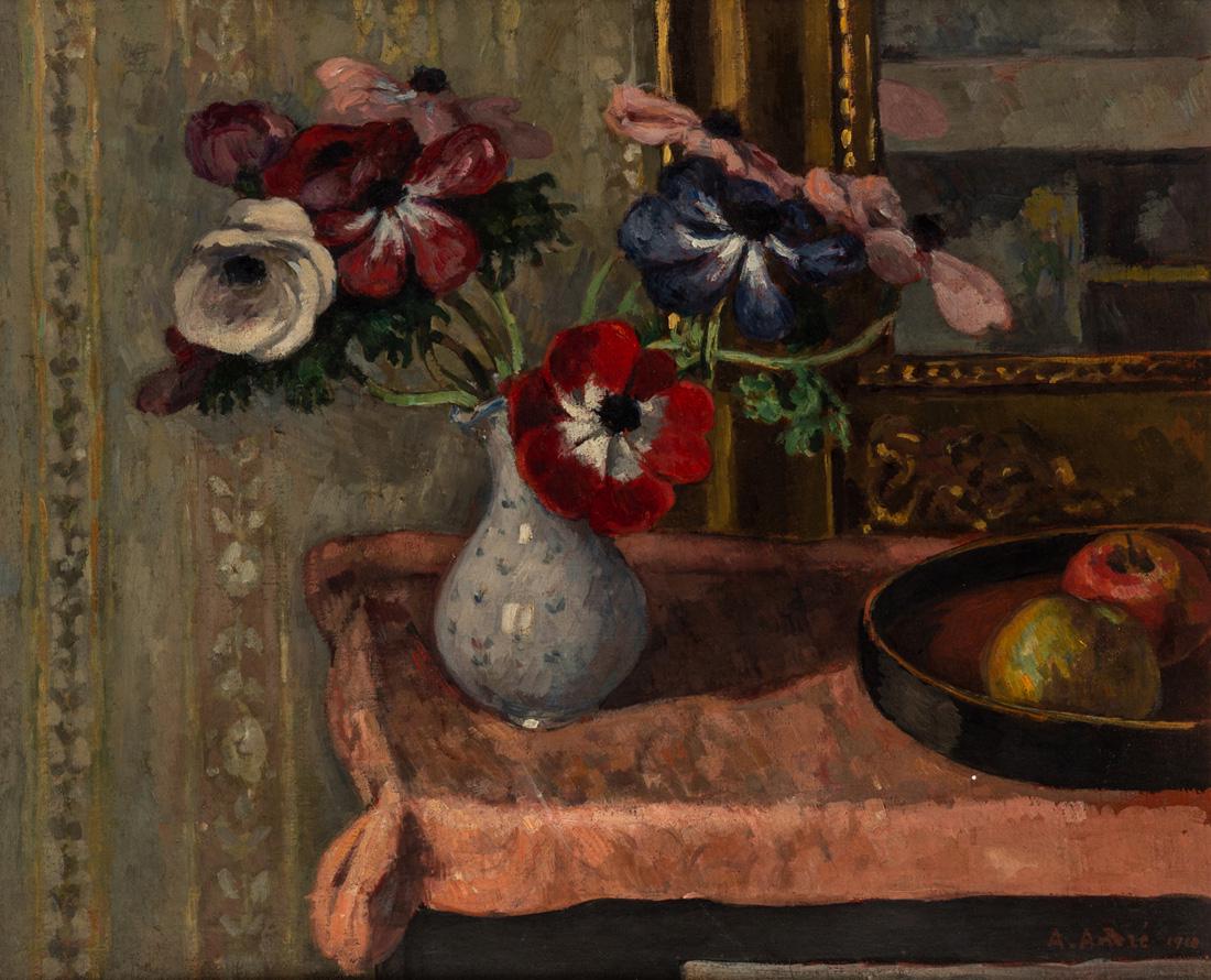 ALBERT ANDRE (FRENCH 1869-1954): ALBERT ANDRE (FRENCH 1869-1954) Nature morte: Vase de fleurs et fruits sur une table, 1910 oil on canvas 46.5 x 55.5 cm (18 1/8 x 21 5/8 in.) signed and dated lower right PROVENANCE Mademoiselle Sylvi