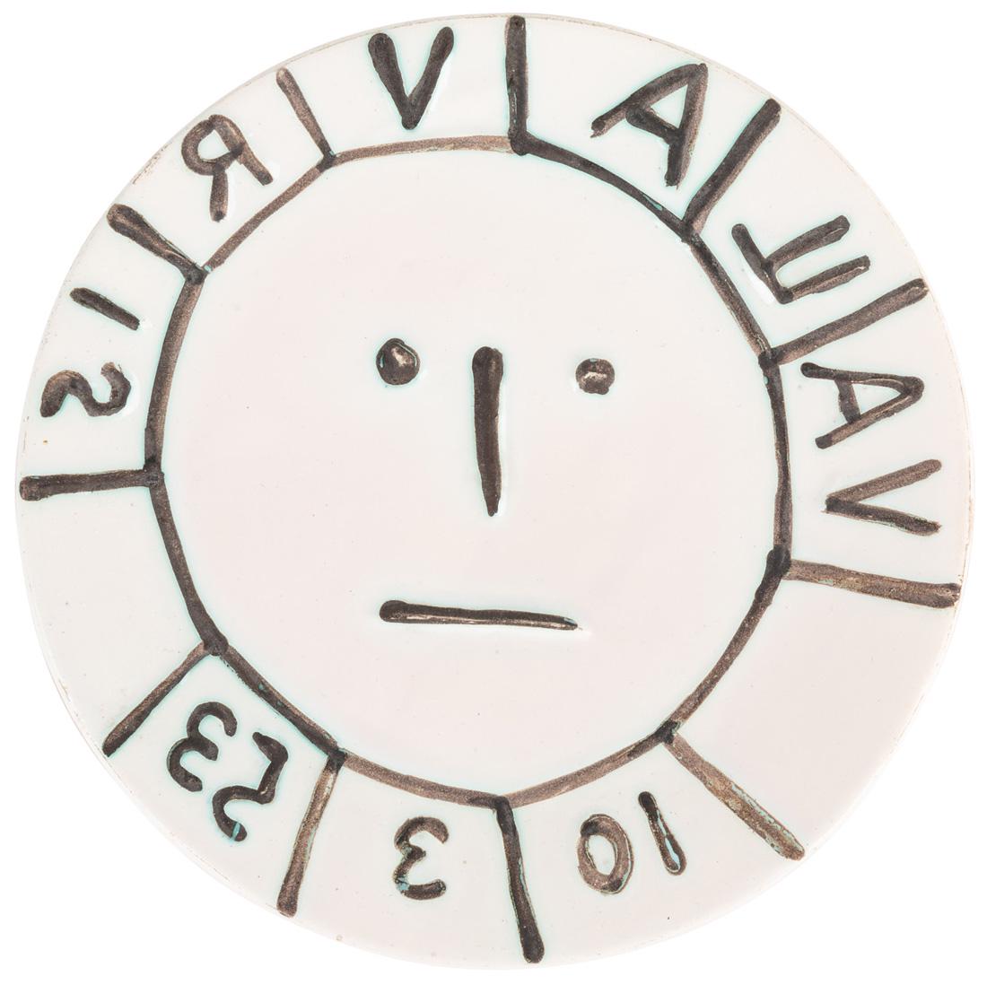 PABLO PICASSO (SPANISH 1881-1973): PABLO PICASSO (SPANISH 1881-1973) Vallauris (A.R. 179), white earthenware ceramic plate with black oxide and white glaze diameter: 20.4 cm (8 in.) inscribed Vallauris in reverse; upper centre; dated 1