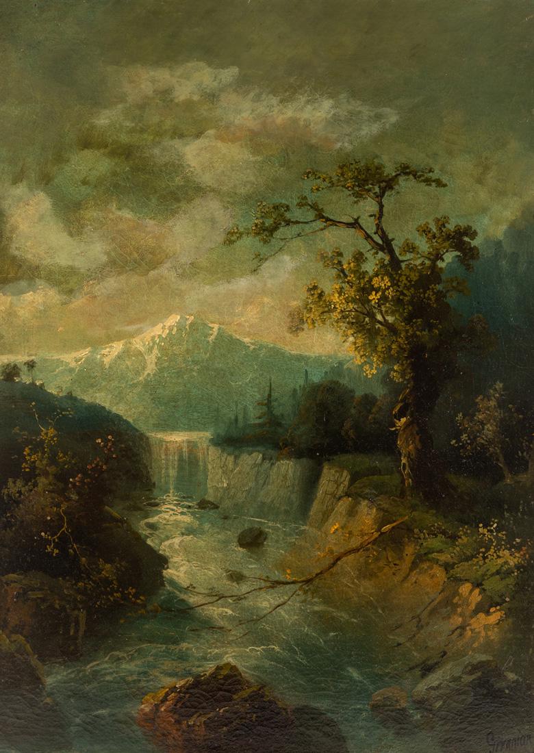 MEKERTICH GIVANIAN (TURKISH-ARMENIAN, 1848-1906): MEKERTICH GIVANIAN (TURKISH-ARMENIAN, 1848-1906) Forest Waterfall, oil on canvas 72.5 x 52.5 cm (28 x 20 in.) signed lower right PROVENANCE From the Collection of a prominent Armenian-American Family 