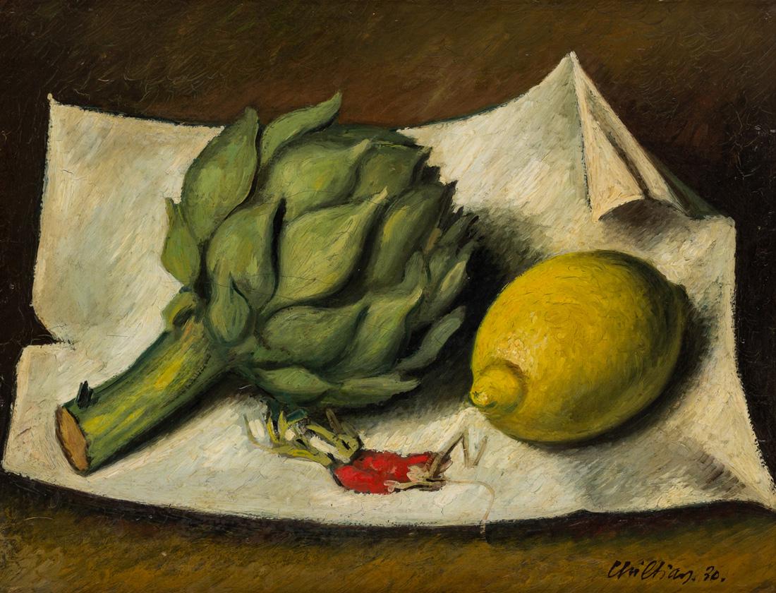 GRIGOR CHILTIAN (ARMENIAN 1900-1985): GRIGOR CHILTIAN (ARMENIAN 1900-1985) Still Life with Artichoke and Lemon, 1930 oil on canvas 35.2 x 27.2 cm (10 x 13 in.) signed and dated lower right PROVENANCE From the Collection of a prominent Arm