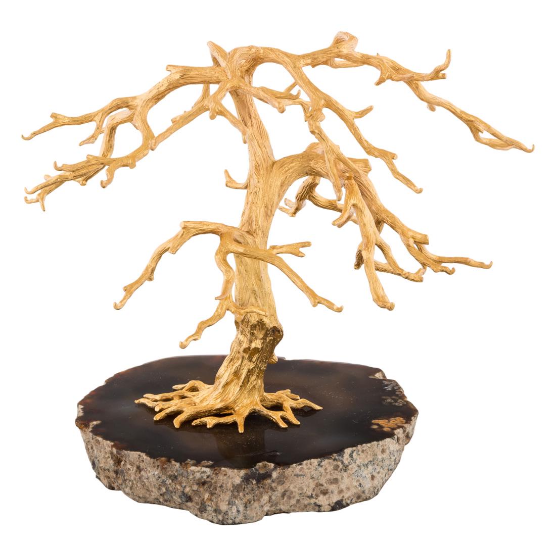 A RUSSIAN GILT SILVER TREE ON ONYX BASE FOR: A RUSSIAN GILT SILVER TREE ON ONYX BASE FOR PRESENTATION OF EGG PENDANTS, WORKMASTER DMITRIY ALEXANDROV, ST. PETERSBURG, 1867-1886 the naturalistically-modelled gilt silver tree supported by an onyx p