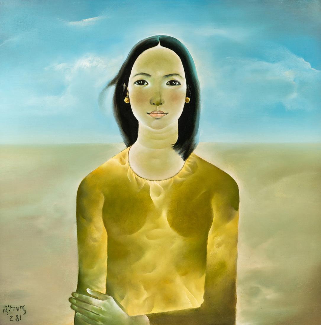 NGUYEN TRUNG (VIETNAMESE B. 1940): NGUYEN TRUNG (VIETNAMESE B. 1940) Portrait of Maggie Nguyen, 1981 oil on canvas 80.5 x 80 cm (31 5/8 x 31 1/2 in.) signed and dated lower left PROVENANCE Collection of Dr. Tuan Anh Nguyen, former Mini