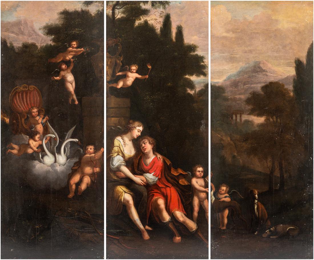 18TH CENTURY ITALIAN ARTIST: 18TH CENTURY ITALIAN ARTIST Venus and Mars with Cupids (triptych) , oil on canvas overall dimensions: 160 x 193.5 cm (63 x 76 1/8 in.), each panel measuring 160 x 64.5 cm (63 x 25 3/8 in.)