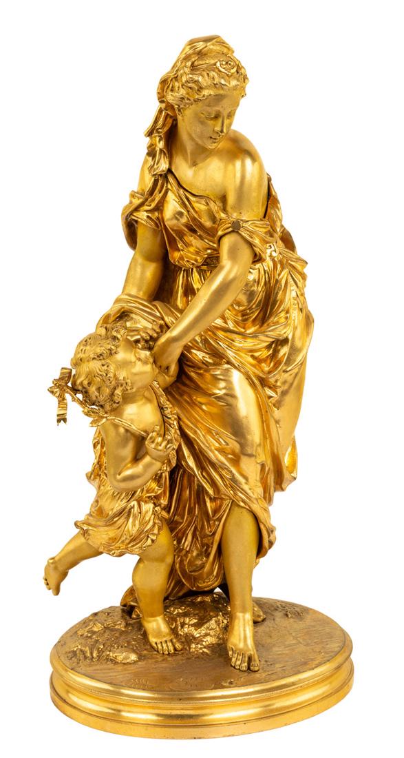 AN ORMOLU BRONZE FIGURAL GROUP, LIKELY FRENCH, 19TH: AN ORMOLU BRONZE FIGURAL GROUP, LIKELY FRENCH, 19TH CENTURY modelled as the goddess Gaia with a child, bronze with gilt patina; height including base: 41 cm (16 1/8 in.)