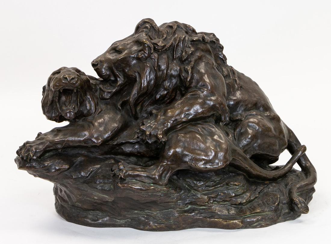 THOMAS FRANCOIS CARTIER (FRENCH 1879-1943): THOMAS FRANCOIS CARTIER (FRENCH 1879-1943) Lion and lioness, bronze with medium brown patina overall height: 34 cm (13 3/8 in.) signed on base