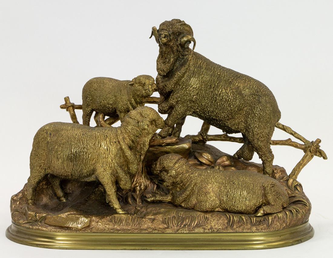 JULES MOIGNIEZ (FRENCH 1835-1894): JULES MOIGNIEZ (FRENCH 1835-1894) Famille de moutons Merinos, bronze with gilt patina overall height: 28.5 cm. (11 1/4 in.) signed on base